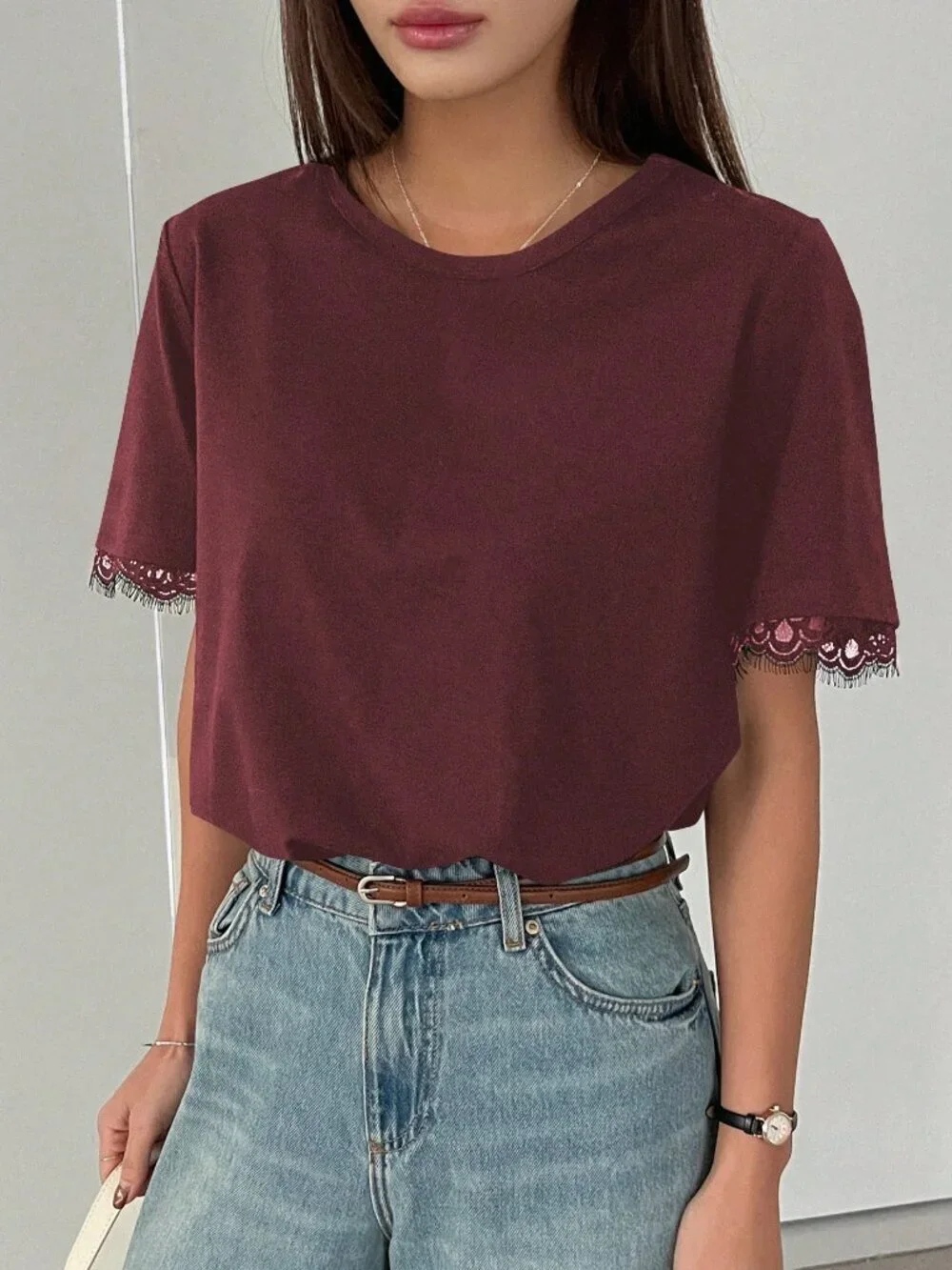 Burgundy Casual Women's Preppy Contrast Lace Loose Short Sleeve T-Shirt